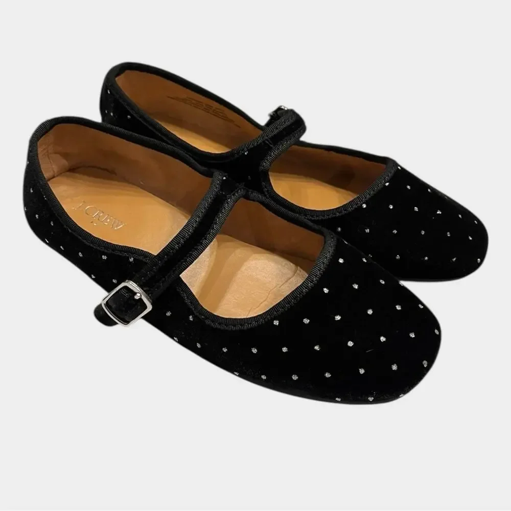 J. CREW Girls Velvet Mary Jane Flats Black Silver Dot K4